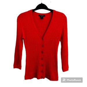 Pink  Tartan Red Pima Cotton Ribbed Cardigan Enamel Floral Buttons Size XS